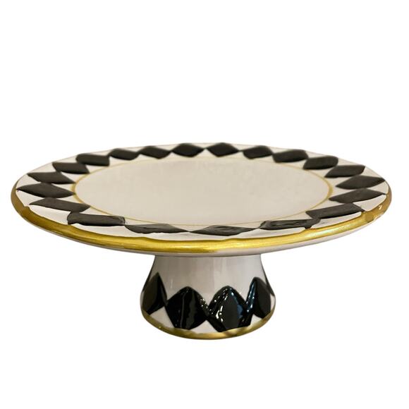 Almeria 8in Checkered Cake Stand Black White Ceramic MacKenzie Style Decor New - Picture 4 of 13